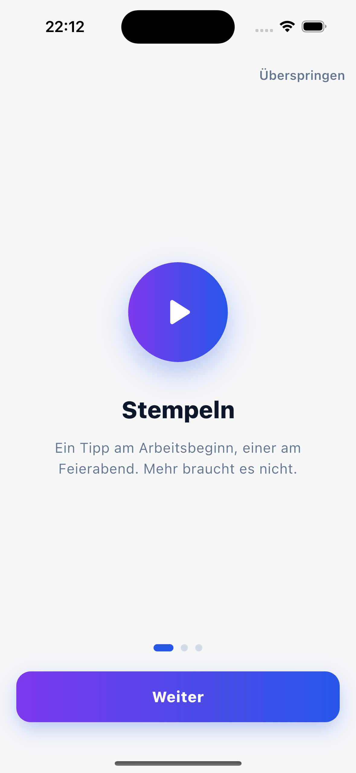Aarecom App: Originalansicht des Onboardings zur Zeiterfassung