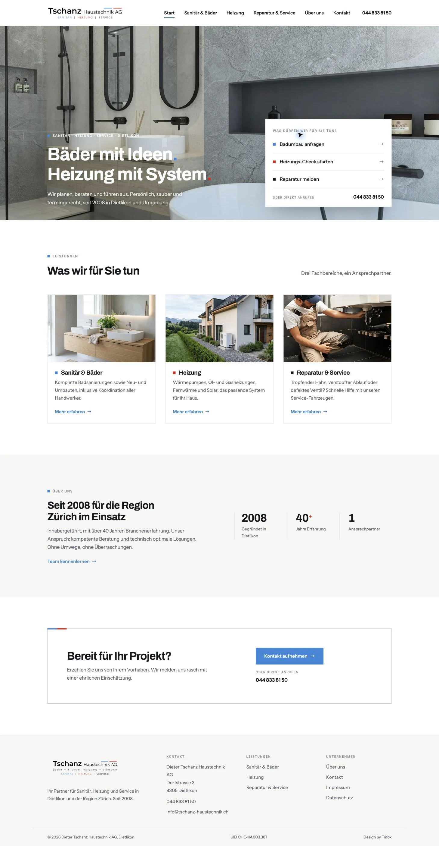 Screenshot der Startseite von Tschanz Haustechnik AG